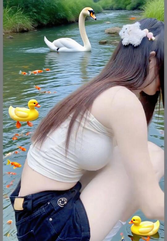 溪畔少女，白褂蓝裤映清流。小鸭浮游，天鹅戏水，发间绒熊添娇柔，自然之趣满心眸。