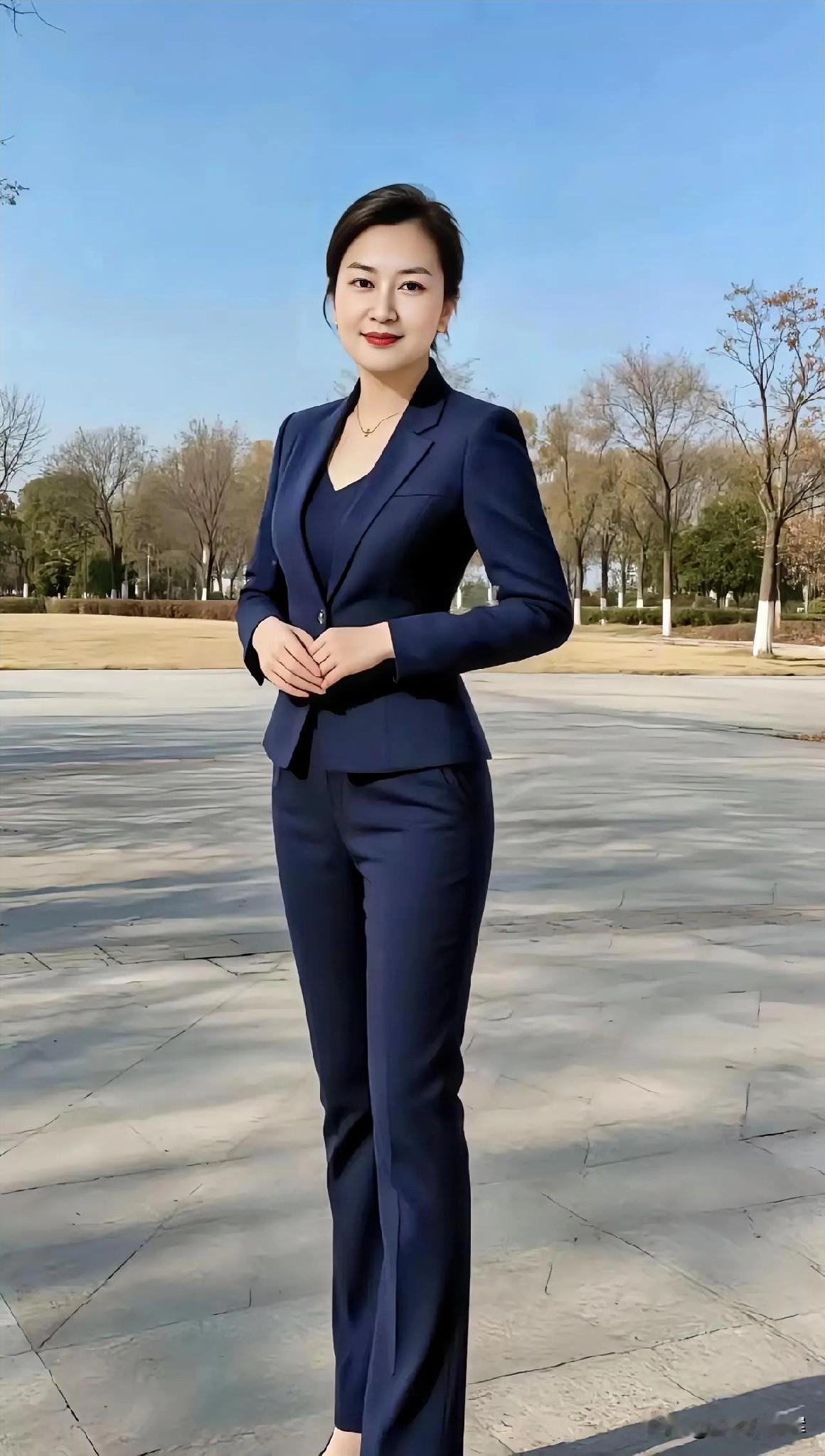 蓝空为幕，她立成一道优雅的剪影。

西装勾勒肩线，藏起锋芒，却更显从容。

阳光