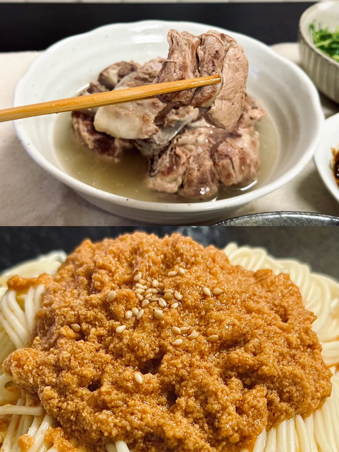 简单吃点🥢｜清水排骨 汆烫豌豆苗 蟹黄酱面