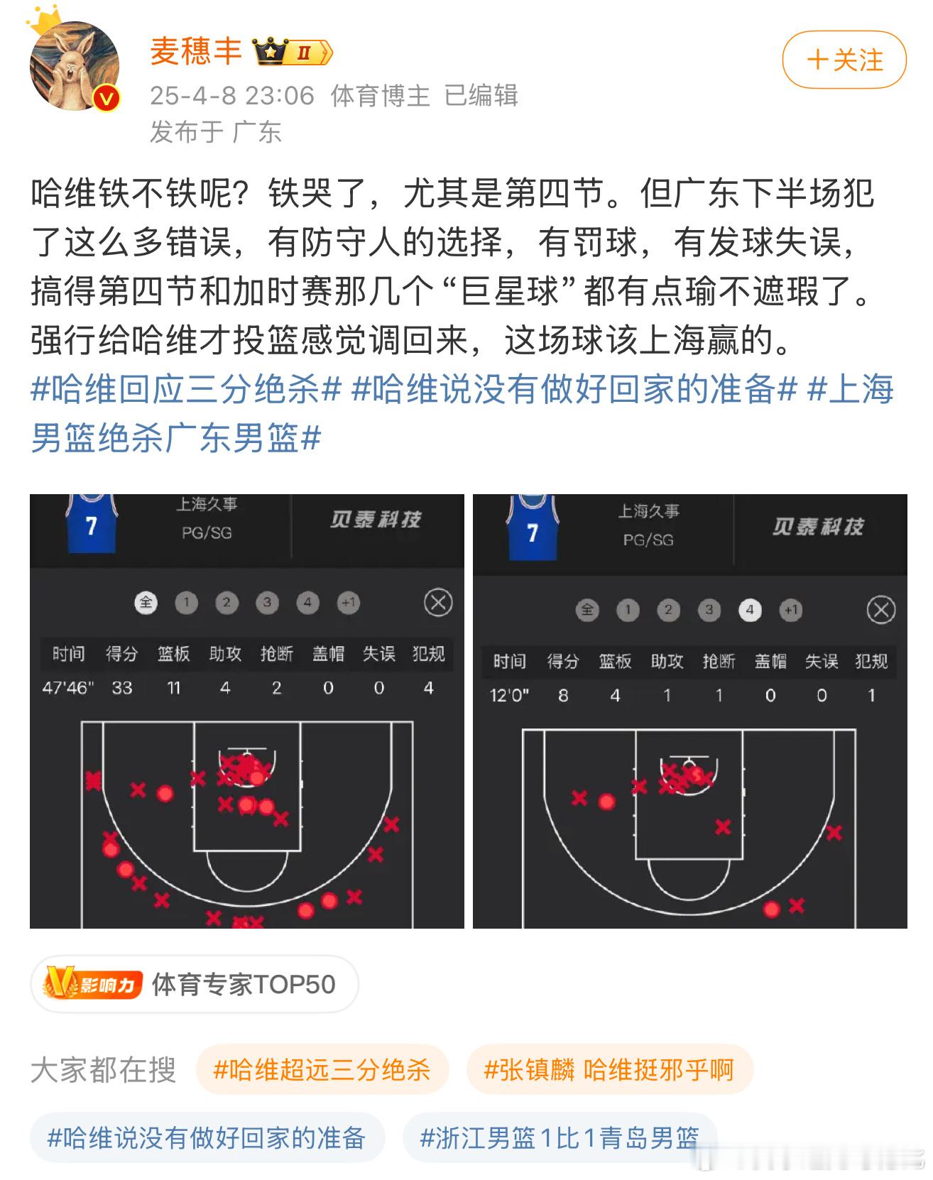 麦大记者太懂球了，而且评球也算公正。就是不敢提胡哥哥的两罚不中上海男篮vs广东男