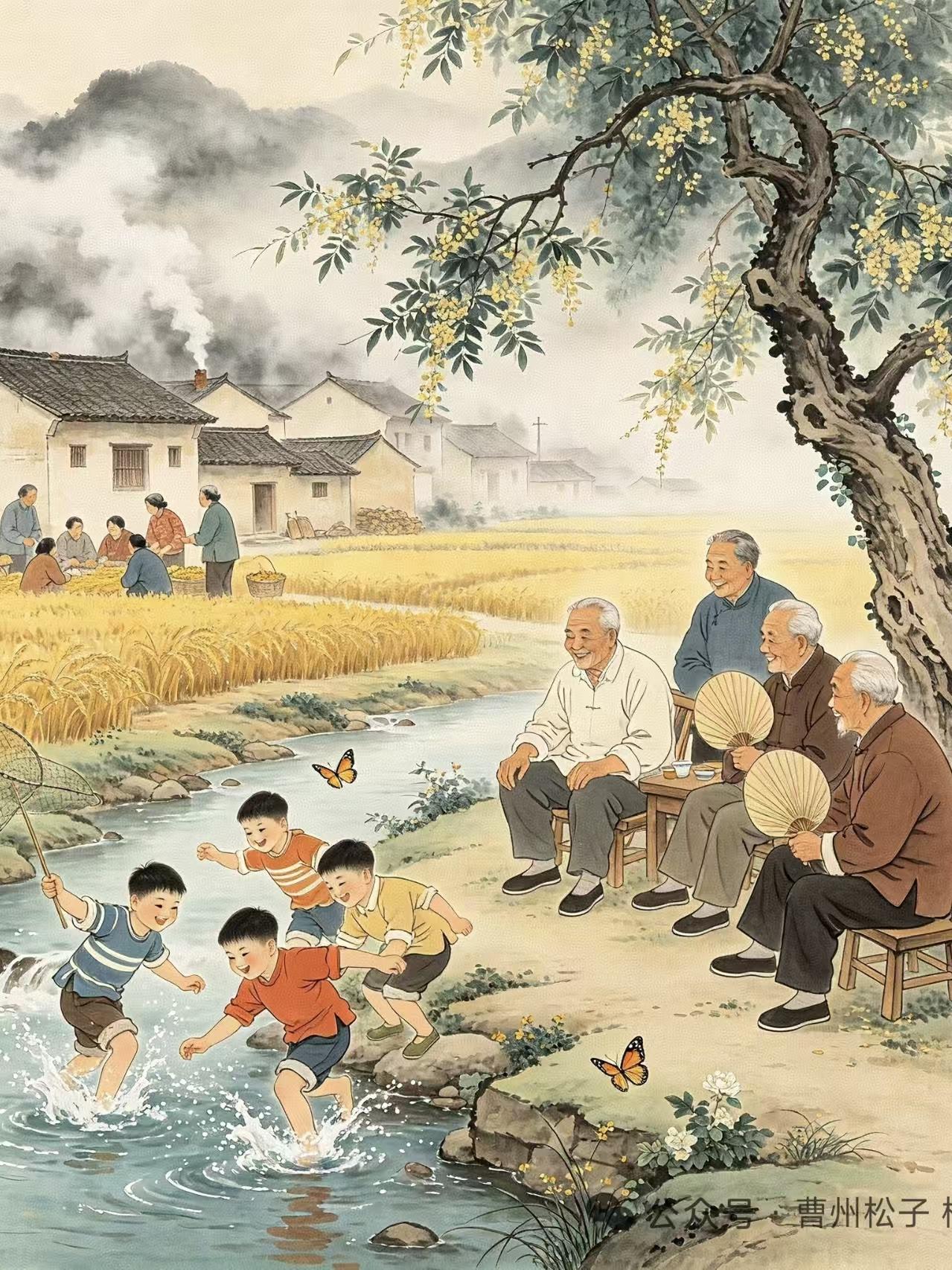 塞鸿秋·回乡忆旧 
昔时村舍如烟绕，
晨炊袅袅檐头俏。
溪头捉鲤追飞蝶，
槐阴闲
