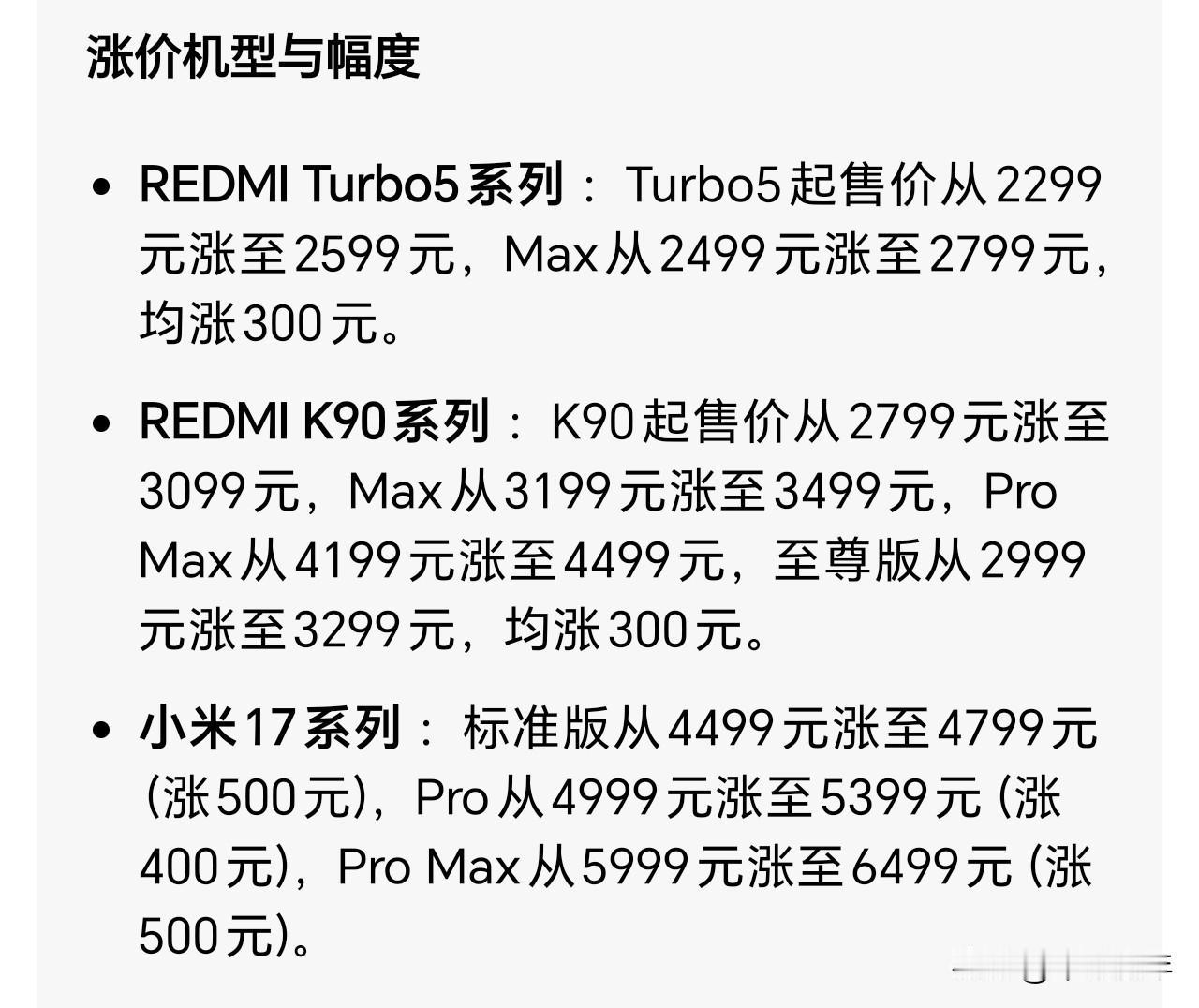 8月2日，小米多款手机正式涨价，涉及REDMI Turbo5系列、K90系列及小