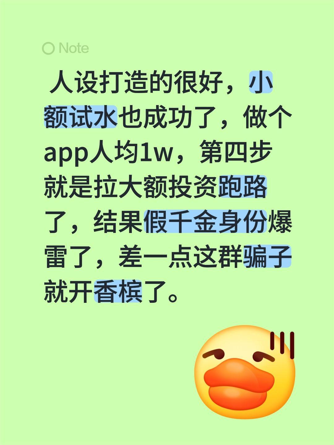 人设打造的很好，小额试水也成功了，做个app人均1w，第四步就是拉大额投资跑路了