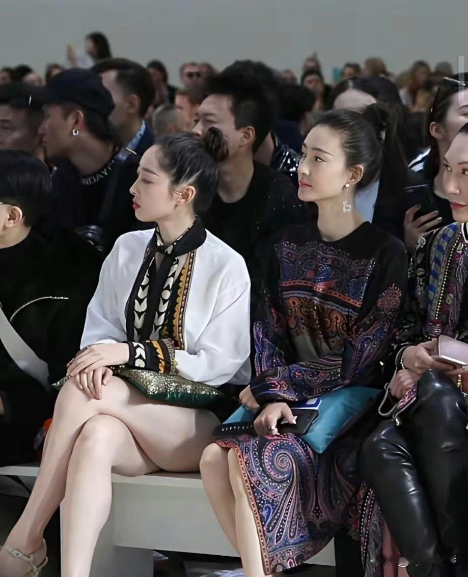 这张两大美女同框照片中，右边穿着印花深色长裙的美女演员是李小冉，那么左边皮肤白的