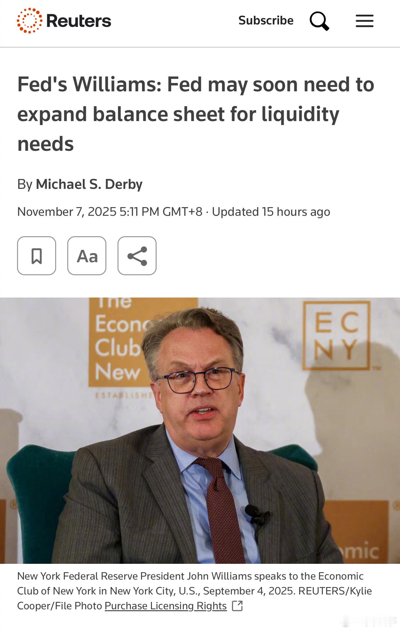 美联储John Williams暗示正准备为金融市场“补水”，美元流动性或将回暖