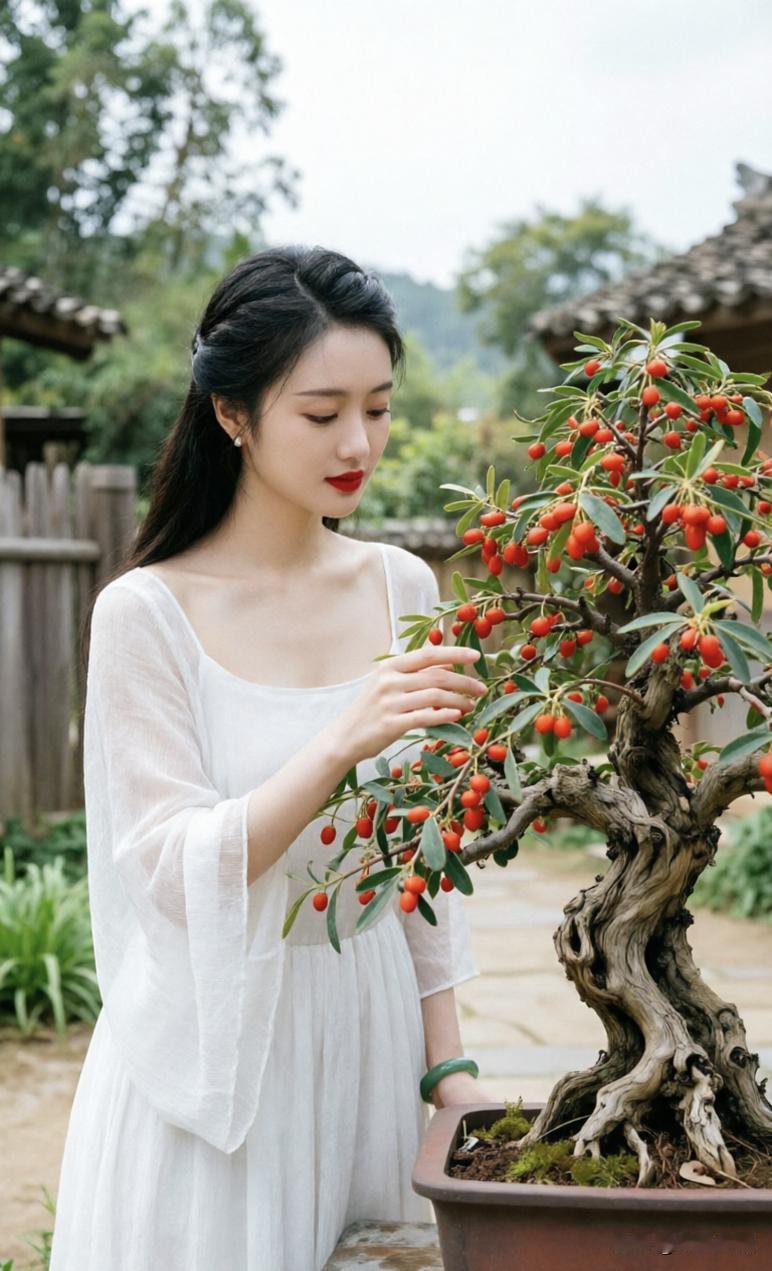 庭院深处，时光仿佛放慢了脚步。一袭素白长裙的女子静立于古朴的枸杞盆景旁，乌发如瀑