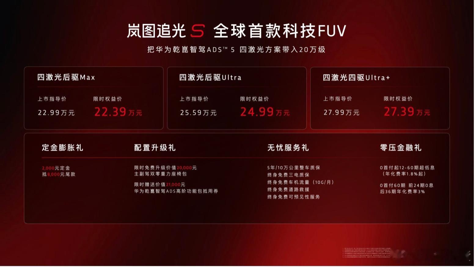 岚图追光S限时权益价22.39万起，全系标配华为乾崑ADS 5四激光雷达和鸿蒙座