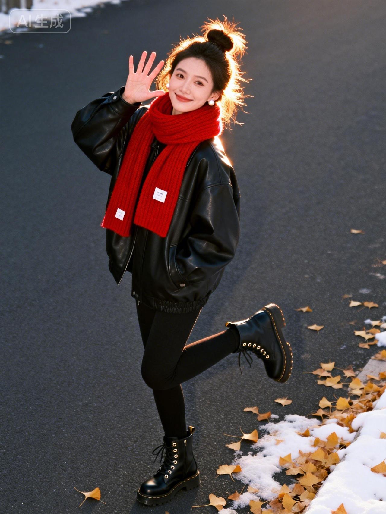 秋日暖阳下，红围巾与黑皮衣的时尚碰撞，冬日穿搭指南。🍂🌞👗