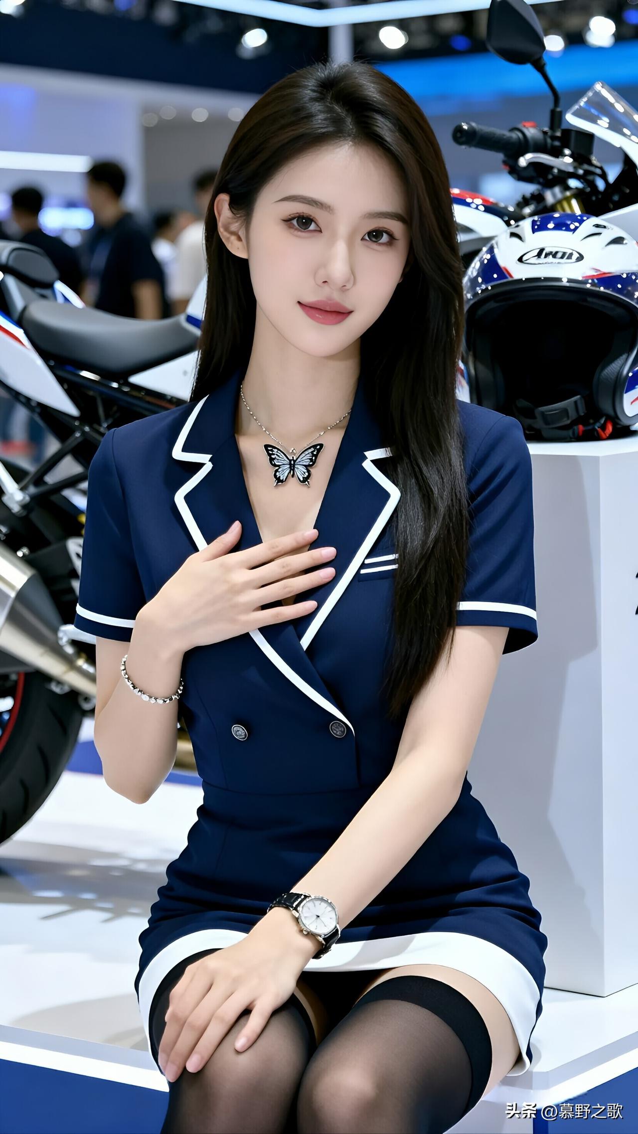 蓝白制服+黑丝，是车展的专业与魅力
车展上，蓝白短款制服+黑过膝袜，蝴蝶项链+手