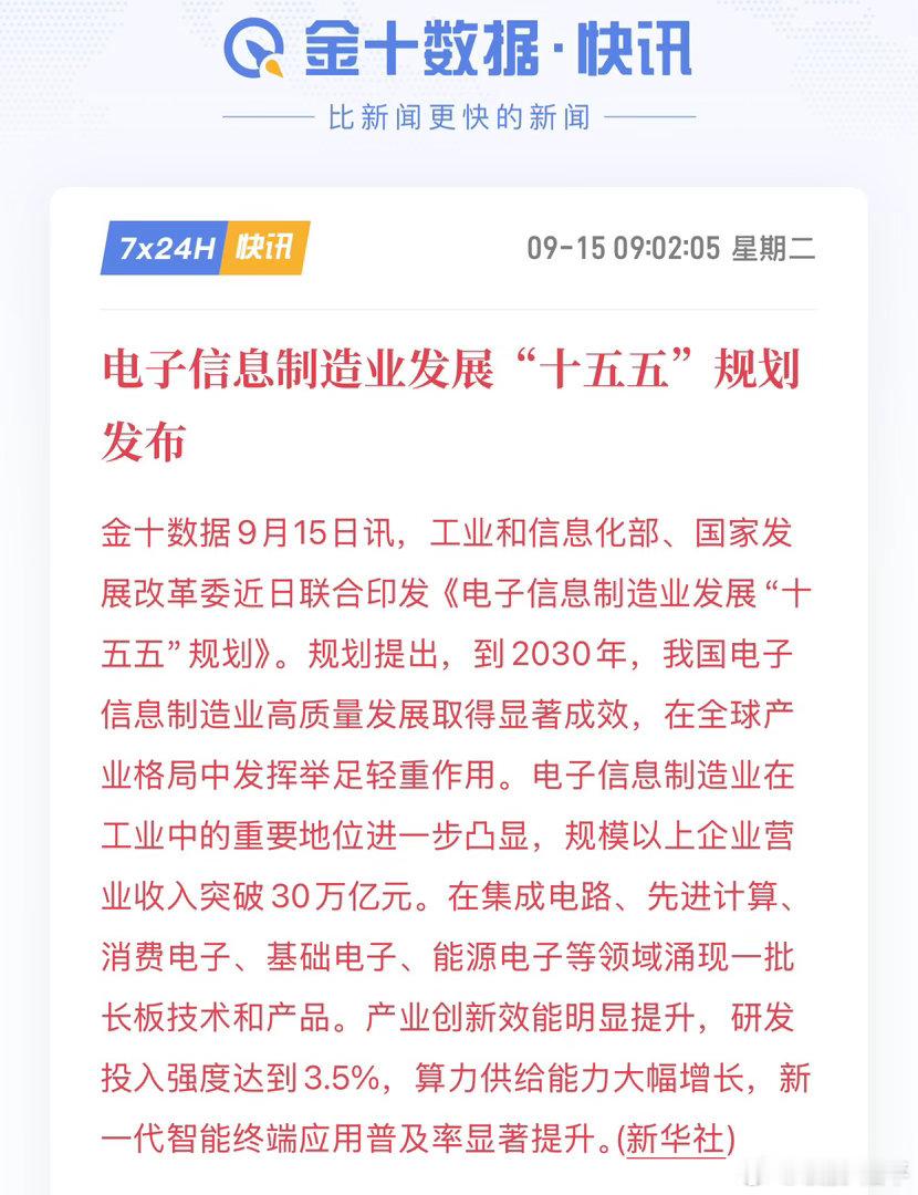 侠哥聊股市  工信部、国家发改委联合印发《电子信息制造业发展“十五五”规划》，明