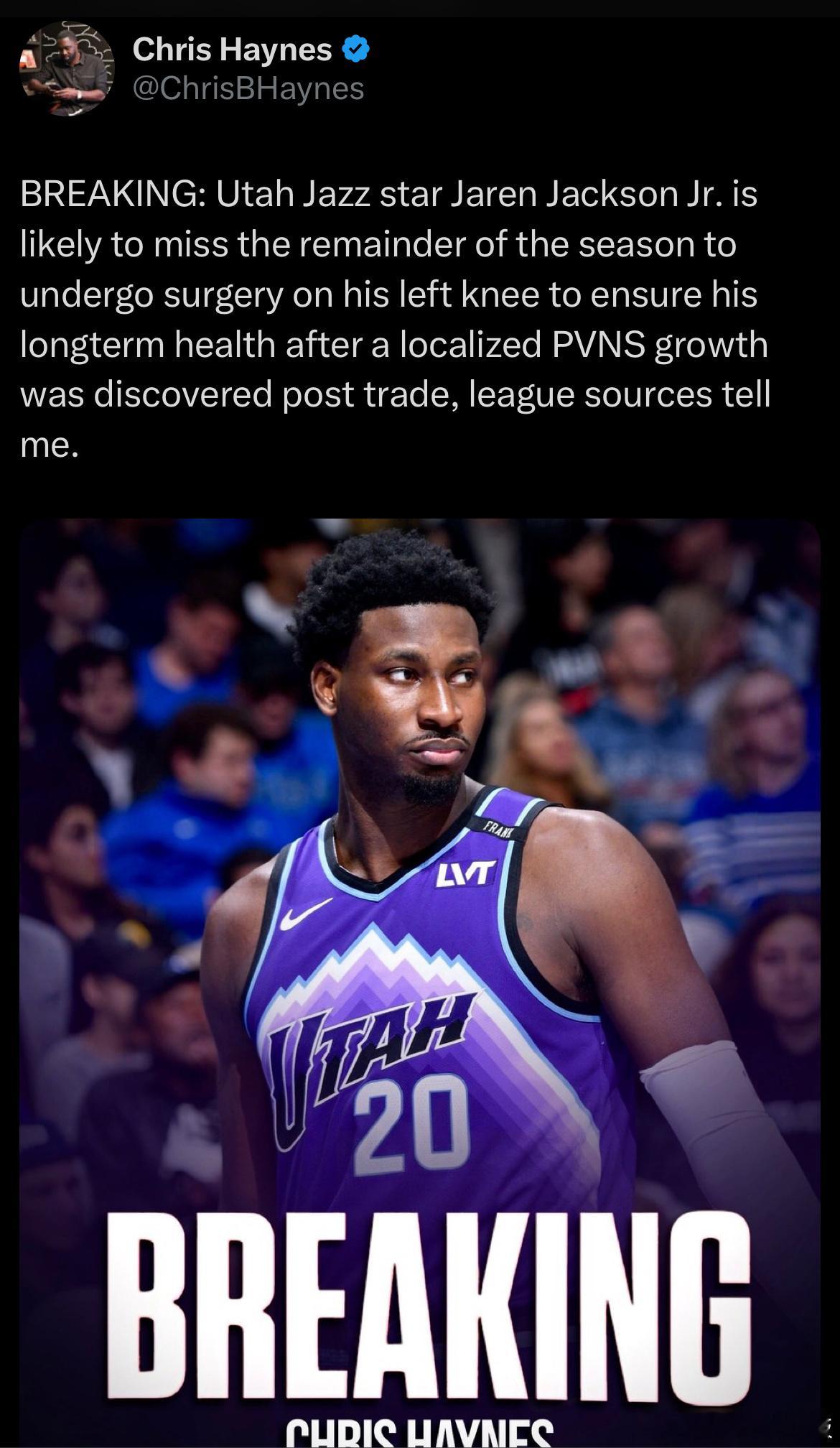Haynes：小贾伦-杰克逊接受左膝手术，赛季报销！ 他在被交易后检查发现局部绒