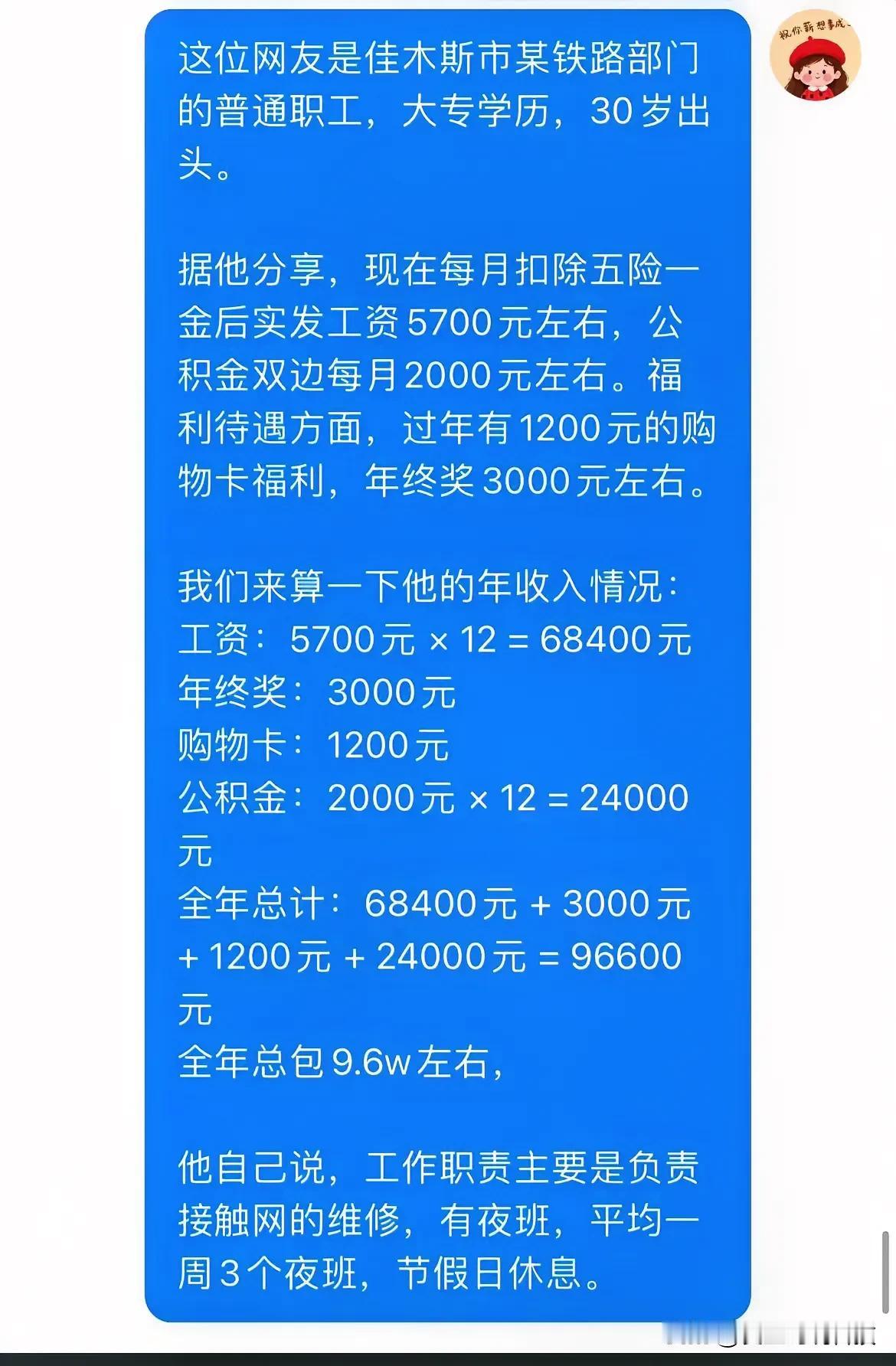 这是佳木斯铁路部门的职工，全年收入9.6万，大专毕业！

大家觉得收入怎么样？