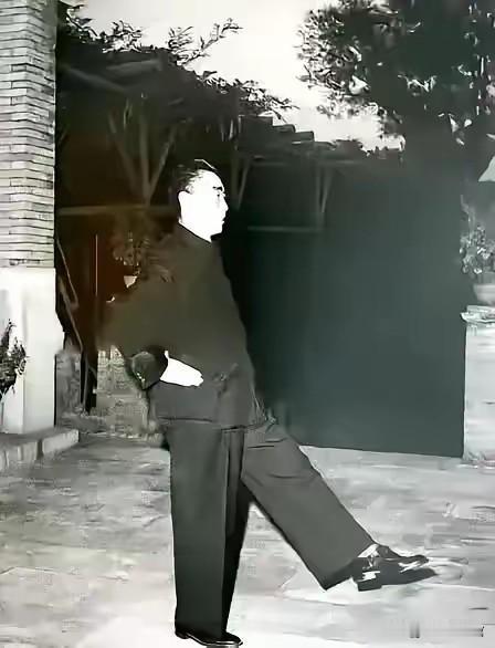 这是周总理的珍贵留影，庭院之中他步履从容，一身中山装沉稳朴素。举手投足尽显儒雅风