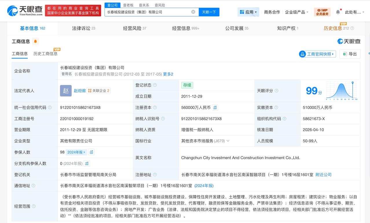 长春城投建设投资集团增资至56亿 增幅约10%

天眼查工商信息显示，近日，长春