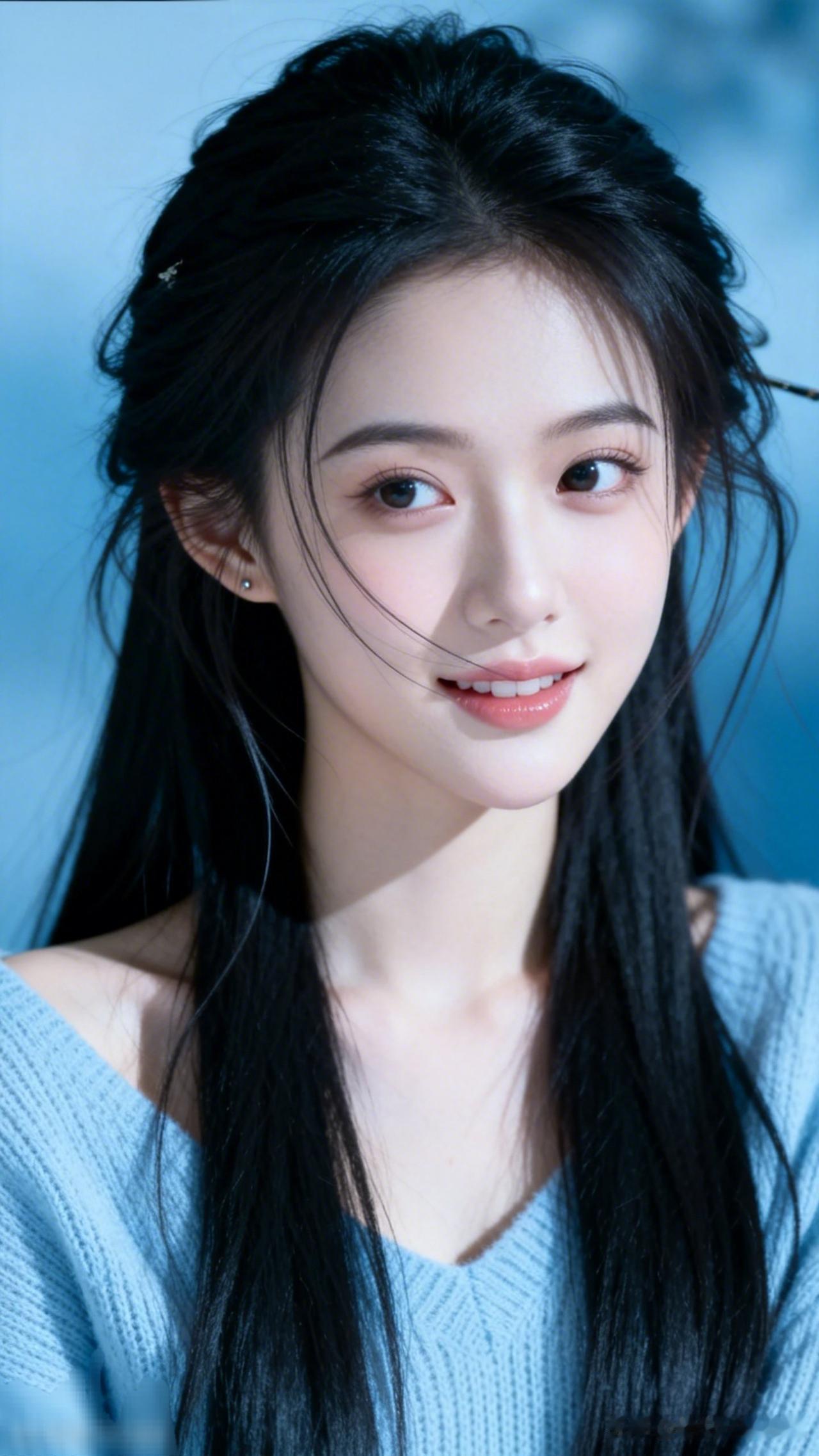 温柔甜美的少女，浅蓝色毛衣，微笑迷人！💖✨
