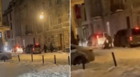 【乌克兰女子阻止男友被强制动员，遭征兵人员推倒在雪地】乌克兰西部城市利沃夫发生一