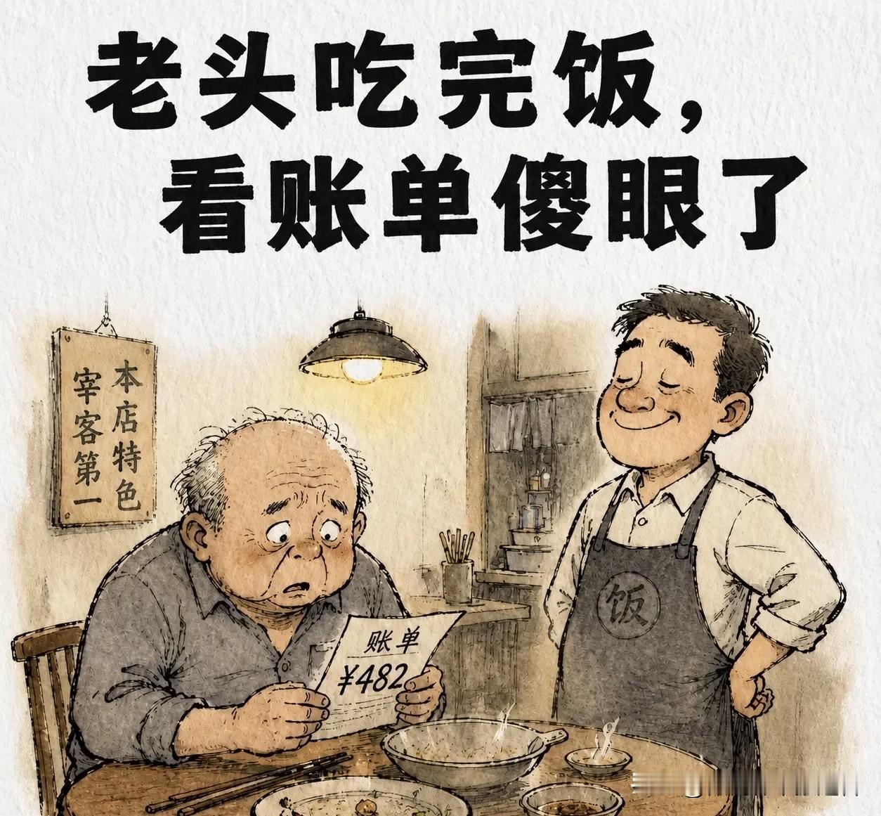 趣味漫画：老头吃完饭，看账单傻眼了：「一盘青菜八十八？」老板笑眯眯：「有机的。」
