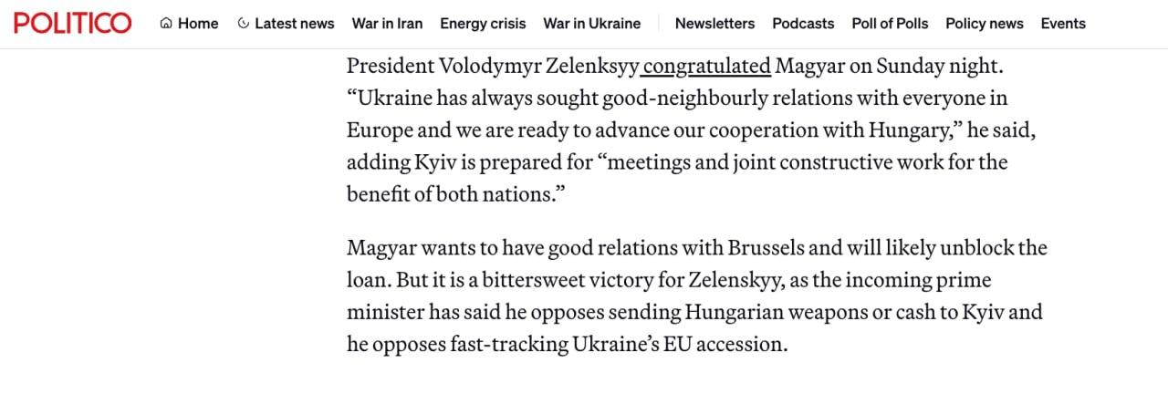 据Politico报道，匈牙利当选总理马吉亚尔的胜利，对泽连斯基来说完全是“苦甜
