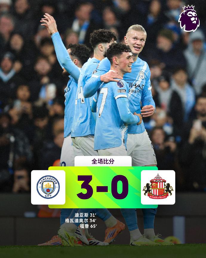 全场比分 | 曼城 3-0 桑德兰

⚽第31分钟，迪亚斯弧顶远射进球。
⚽第3