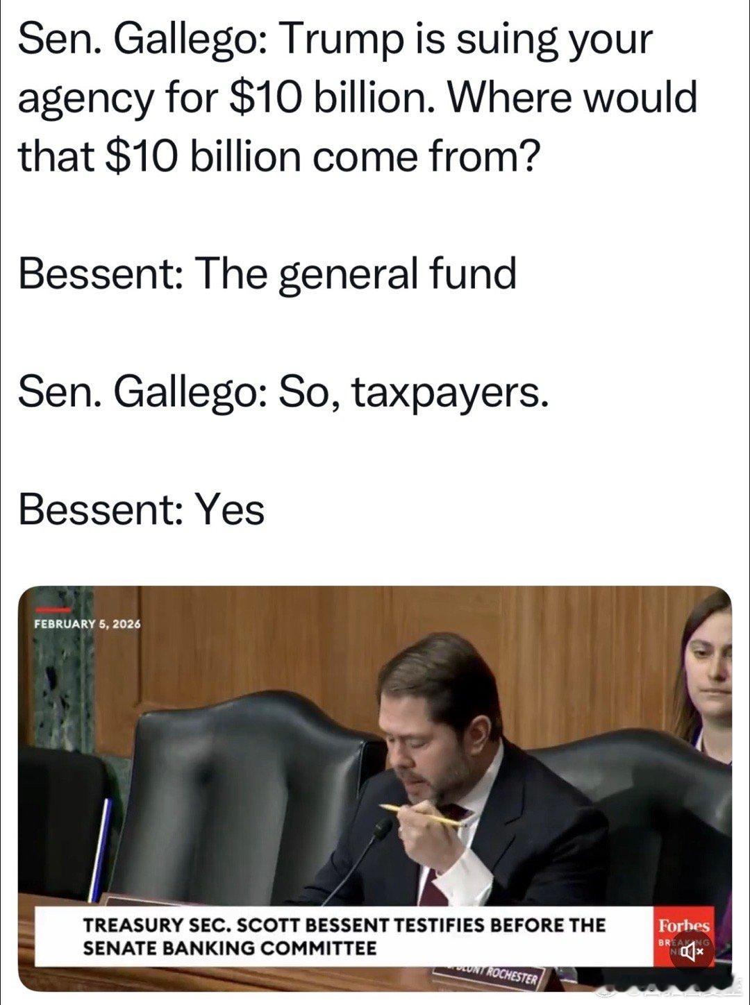 议员：Trump起诉IRS，如果他赢了，政府的一百亿赔偿金从哪出？财长：一般基金