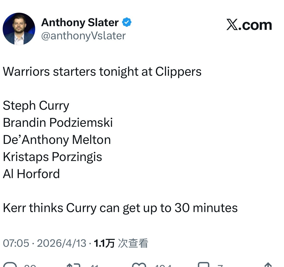 库里确定今天出战30分钟 追梦轮休今天首发阵容 “ 库里 梅尔顿 波杰 大波 霍