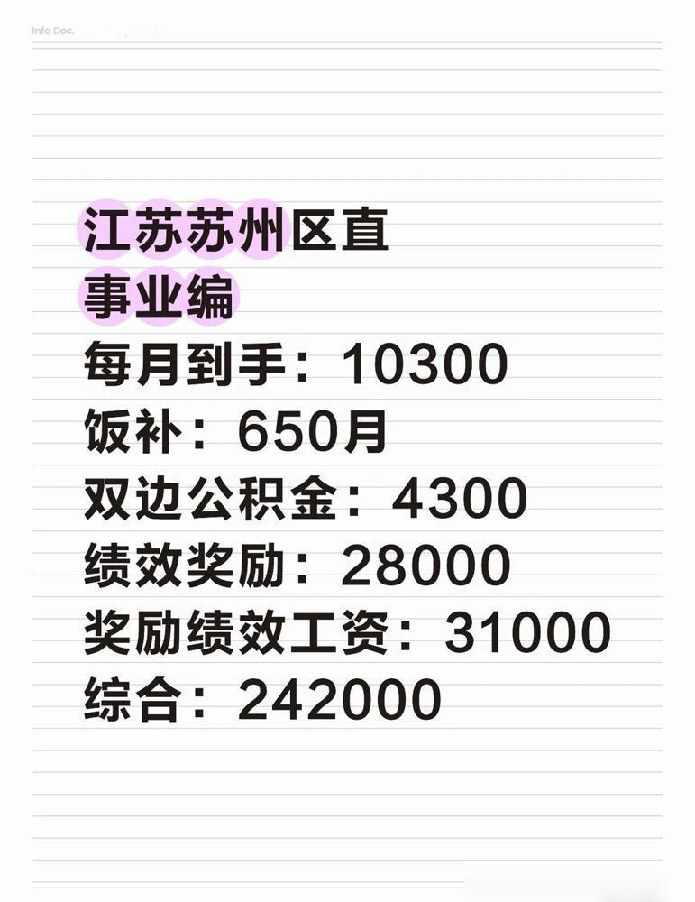 苏州事业编江苏苏州区直事业编每月到手：10300饭补：650

作为在苏州区直事