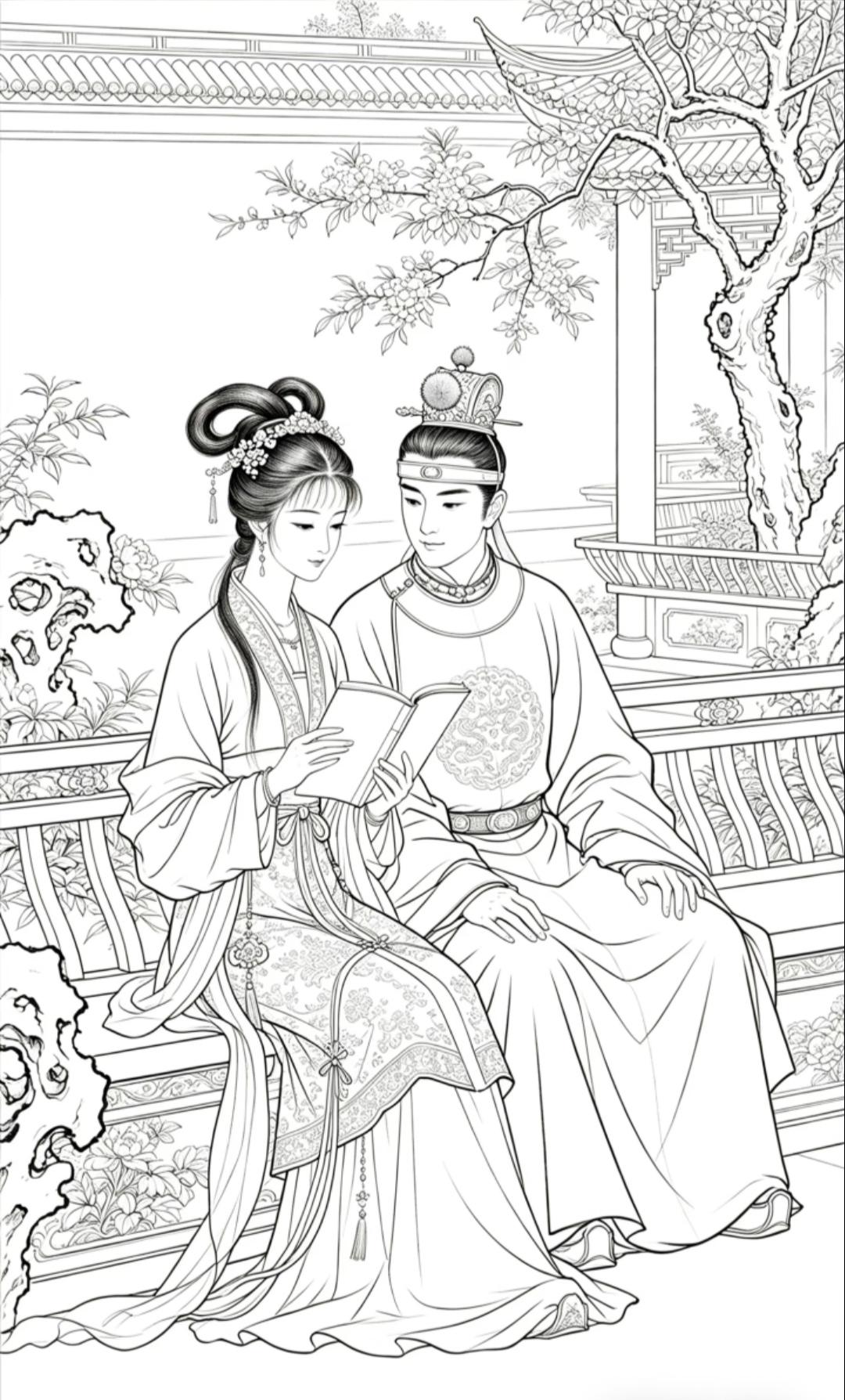 素材|宝黛共读西厢（线稿图）
春日生活打卡季 绘画