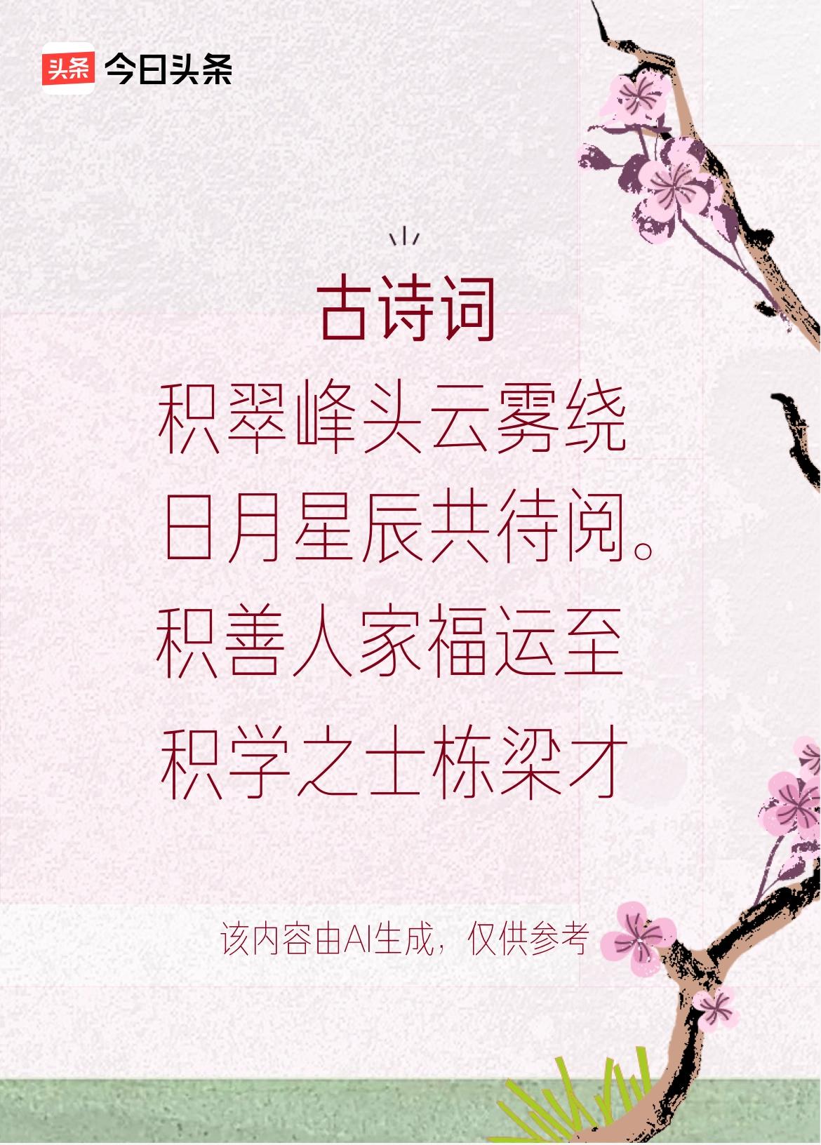 文学创作大会：积翠峰头云雾绕，积金岁月笑颜开，积善人家福运至，积学之士栋梁才。戳