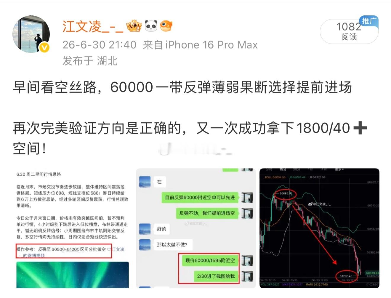 早间看空丝路，60000一带反弹薄弱果断选择提前进场再次完美验证方向是正确的，又