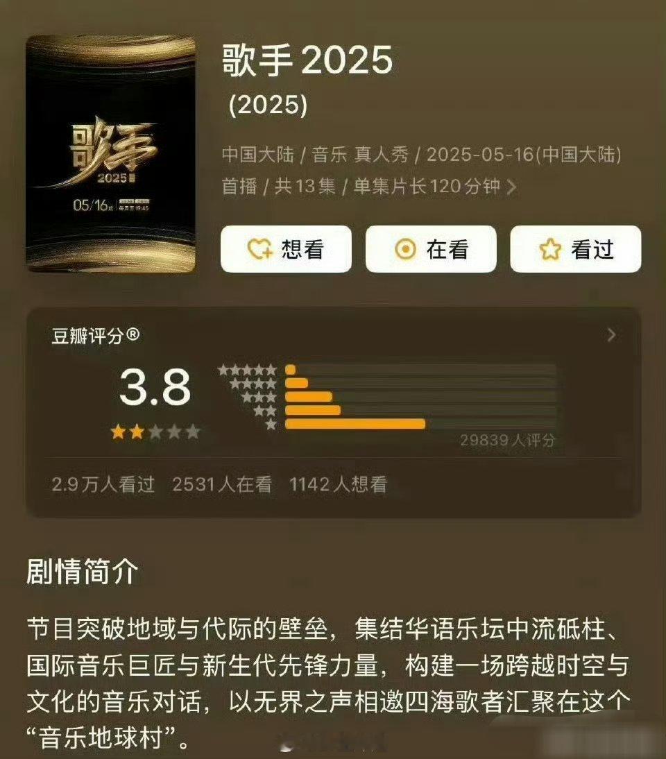 《歌手2025》的db评分，有且仅有3.8分，我的天啊，连个及格线都没有达到，还