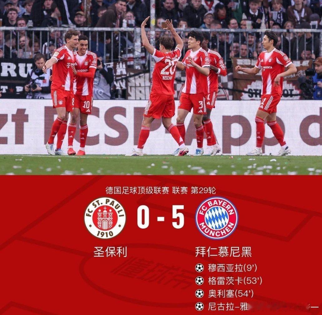 圣保利0比5拜仁拜仁5-0圣保利，穆西亚拉、格雷茨卡、雅克松传射北京时间4月12
