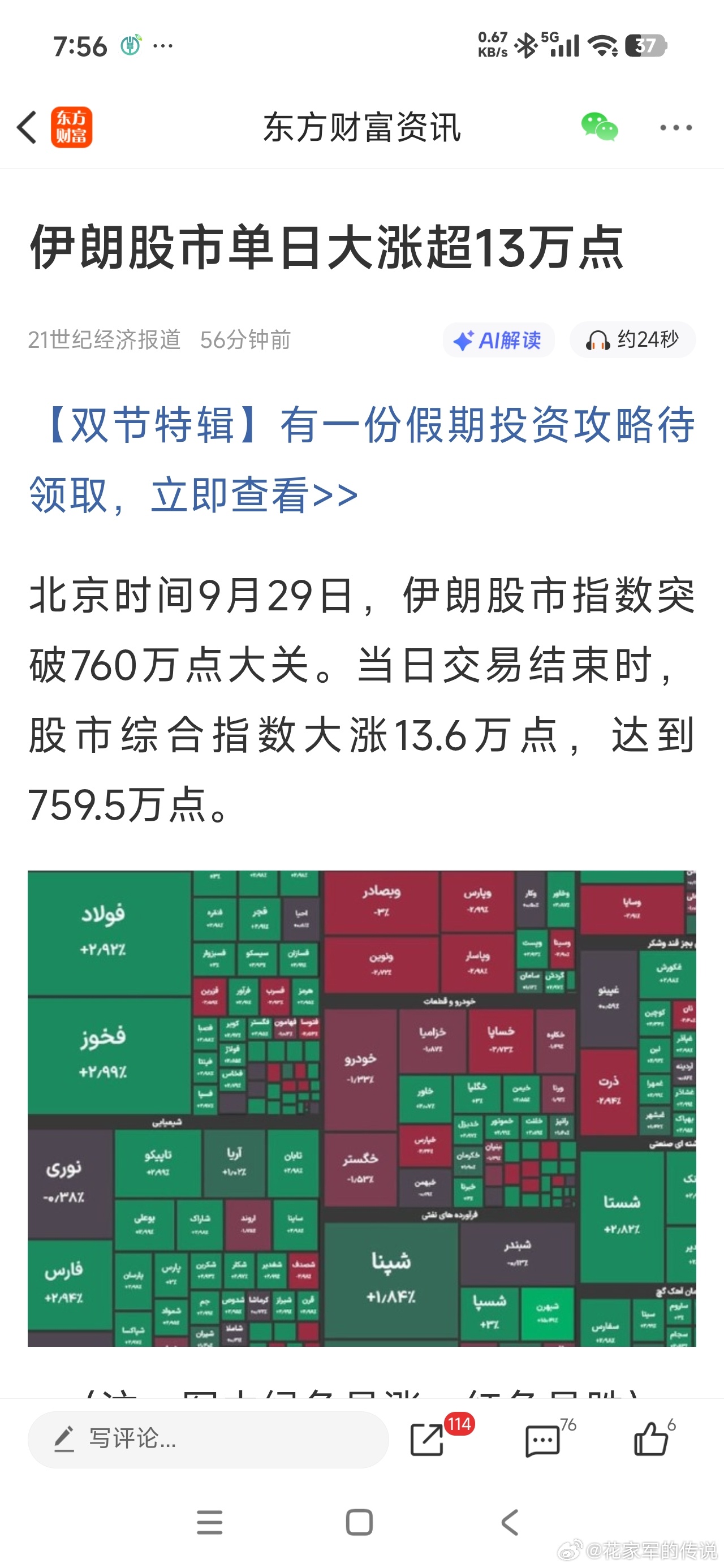 伊朗股市单日大涨超13万点数字这么大，平时还不好认呢[允悲][坏笑] ​​​