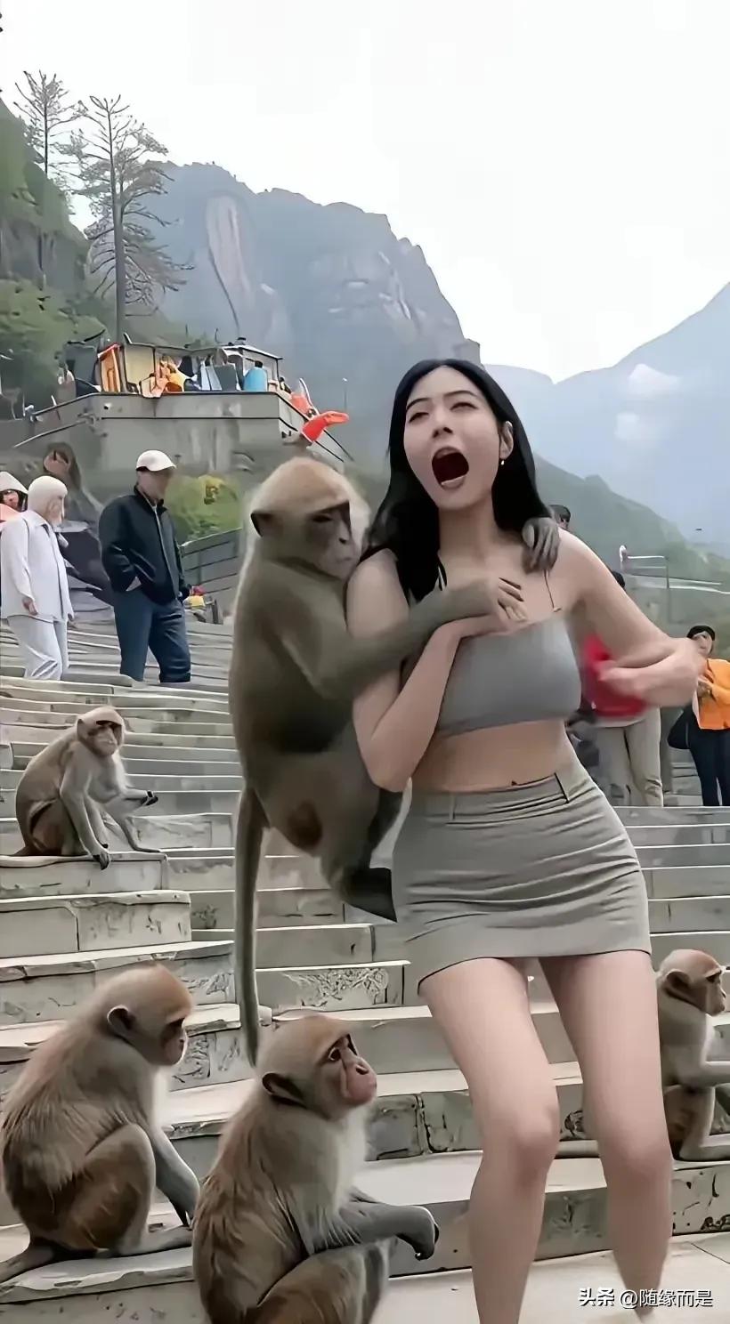 一只猴子在游客旁边玩得很开心。
旅游拍手拍，这张照片真是抓住了这个瞬间，真实的生