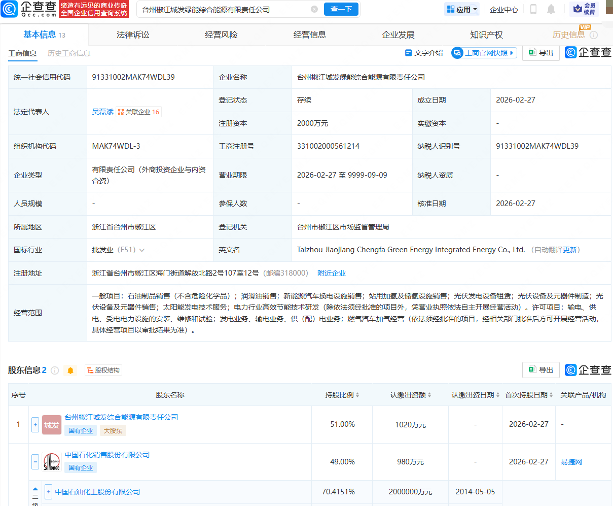 中国石化等成立绿能综合能源公司，含站用加氢业务