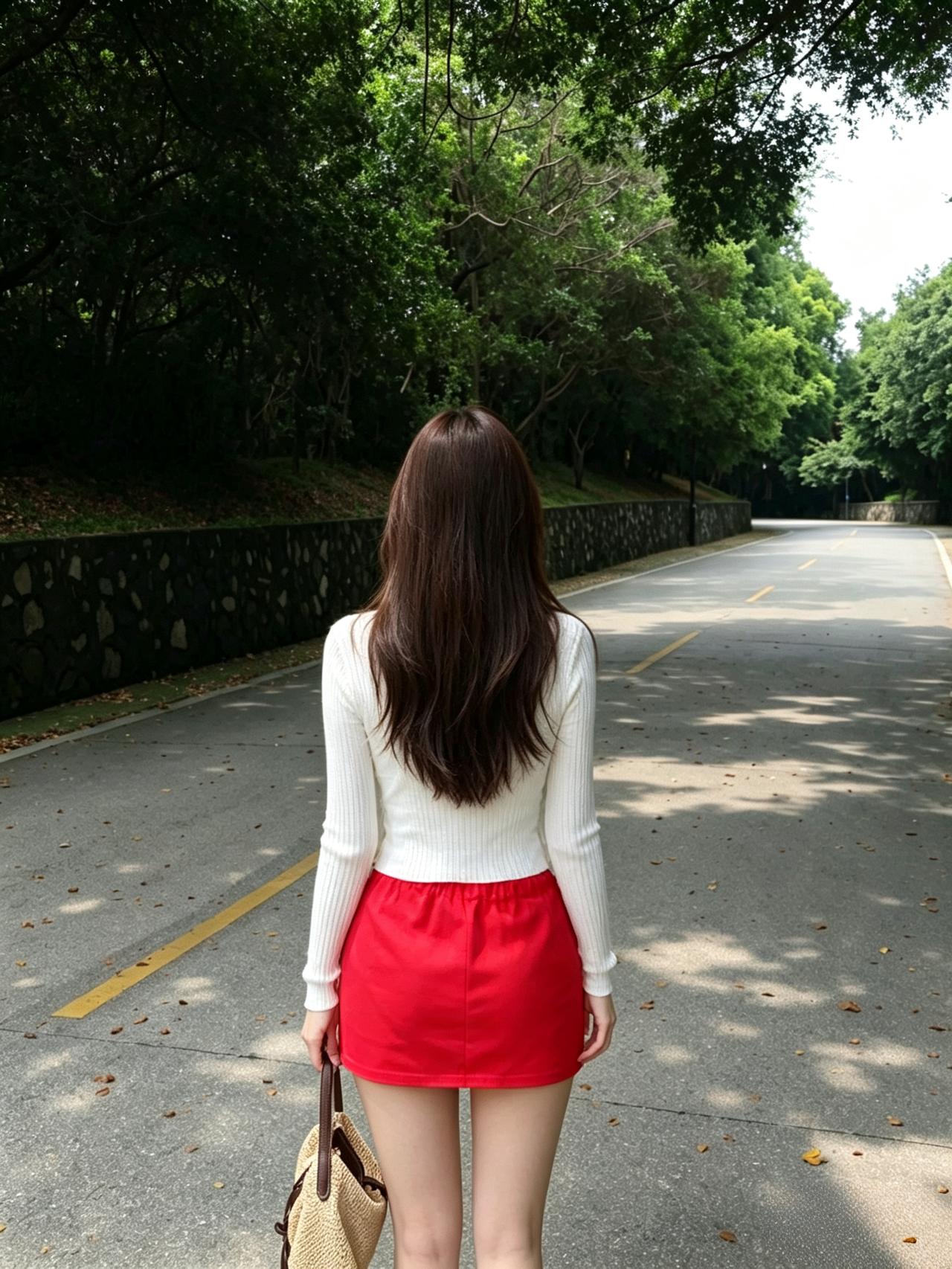 一位长发女生背对镜头，走在林荫道上。林间漫步女孩 背影纯情女孩 侧望的女子 自然