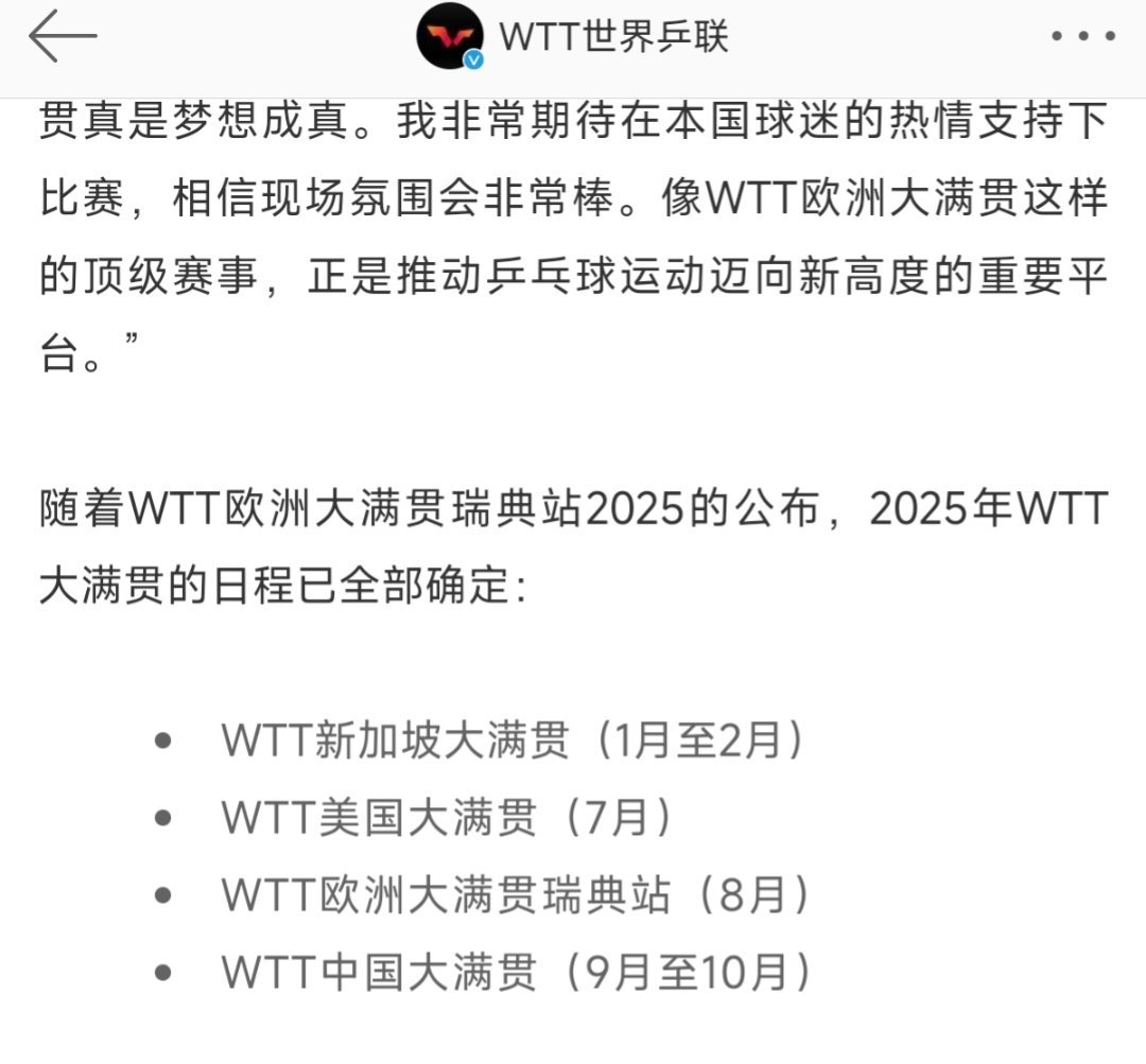 2025WTT大满贯日程全部确定 1-2月新加坡7月美国8月欧洲瑞典9-10月中