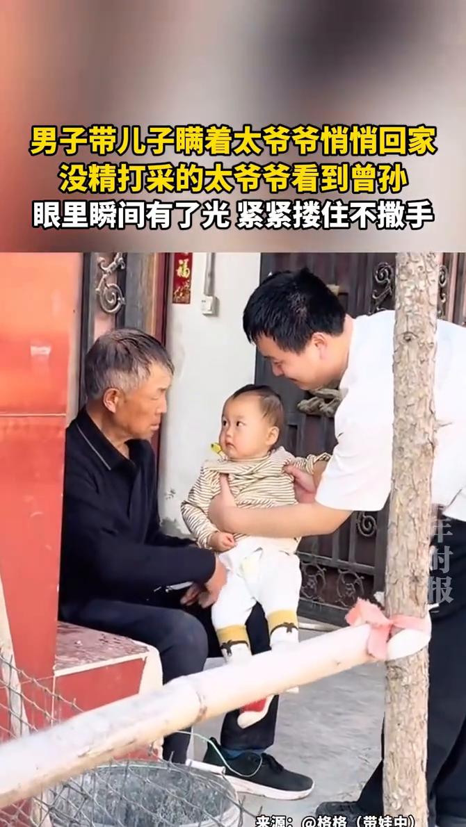 男子带儿子瞒着太爷爷悄悄回家，没精打采的太爷爷看到曾孙眼里瞬间有了光，紧紧搂住不