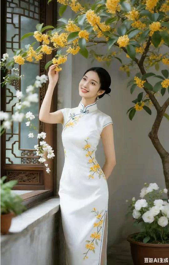 旗袍雅韵。桂花风情。
素衣绣桂，暗香浮动，
一颦一笑，百媚千娇。
江南温婉，诗意