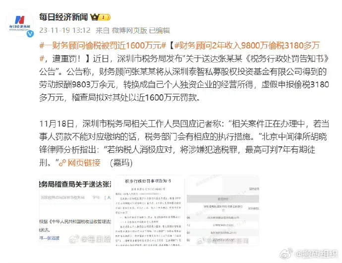 重罚1600w！深圳某财务顾问两年偷税3180w