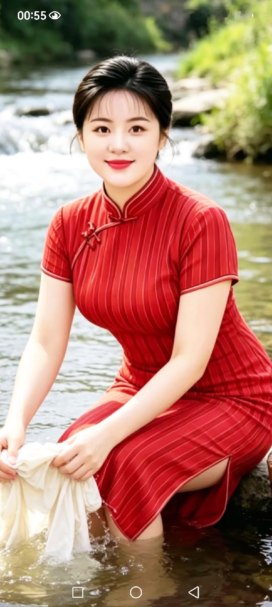穿红裙子的女孩在河边洗衣服。
