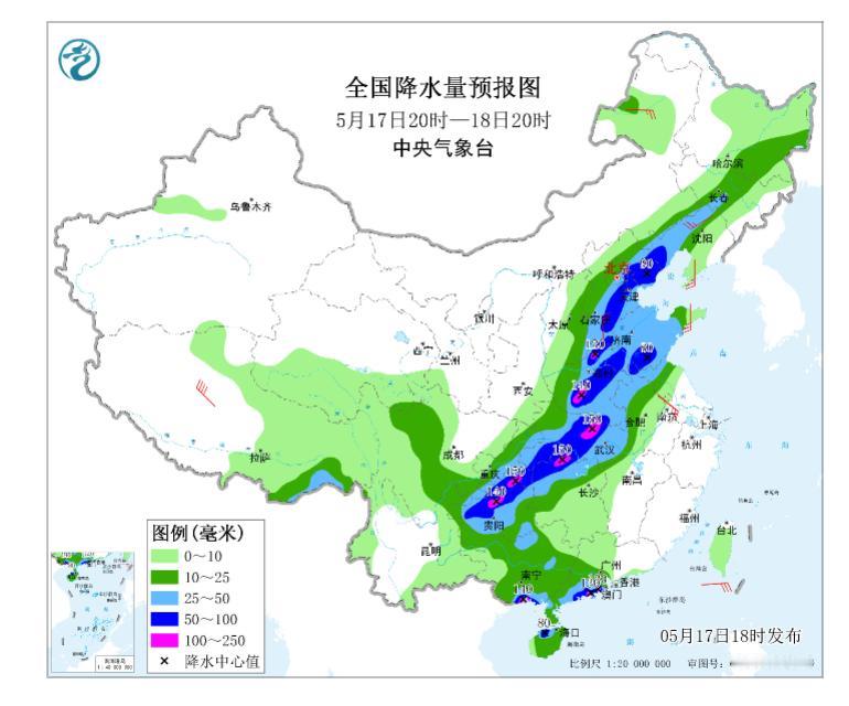 中央气象台在5月17日18时发布的降水量预报图，可以看出一条贯穿东北、华北、华东