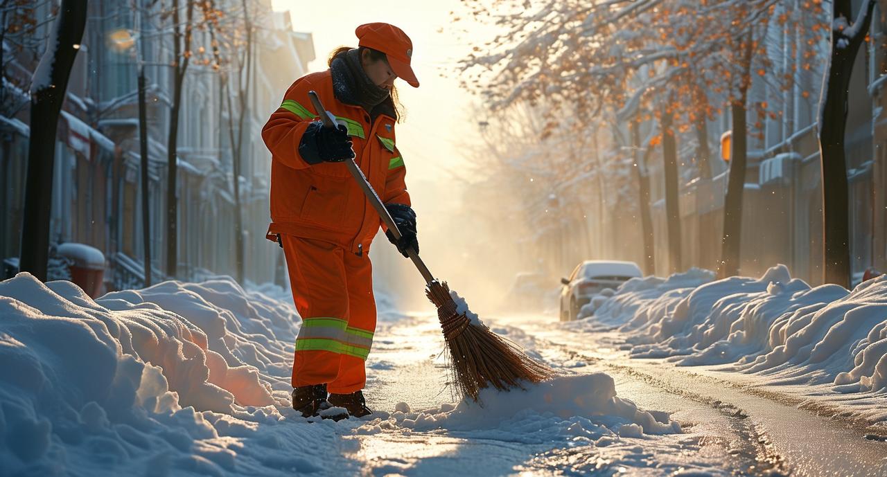 冬日生活打卡季在寒冷的冬日清晨，一位环卫工人身穿橙色工作制服，戴着帽子和手套，专