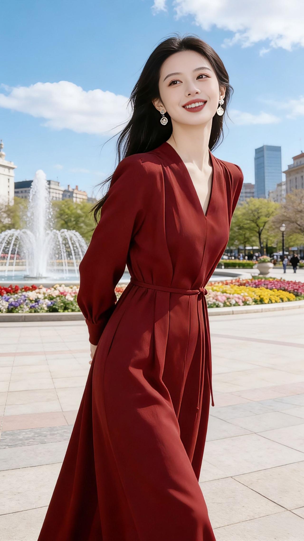 今日热点榜 早春穿搭 维吾尔族女服装晚礼服 气质连衣裙穿搭 安可拉红色长袖收腰显