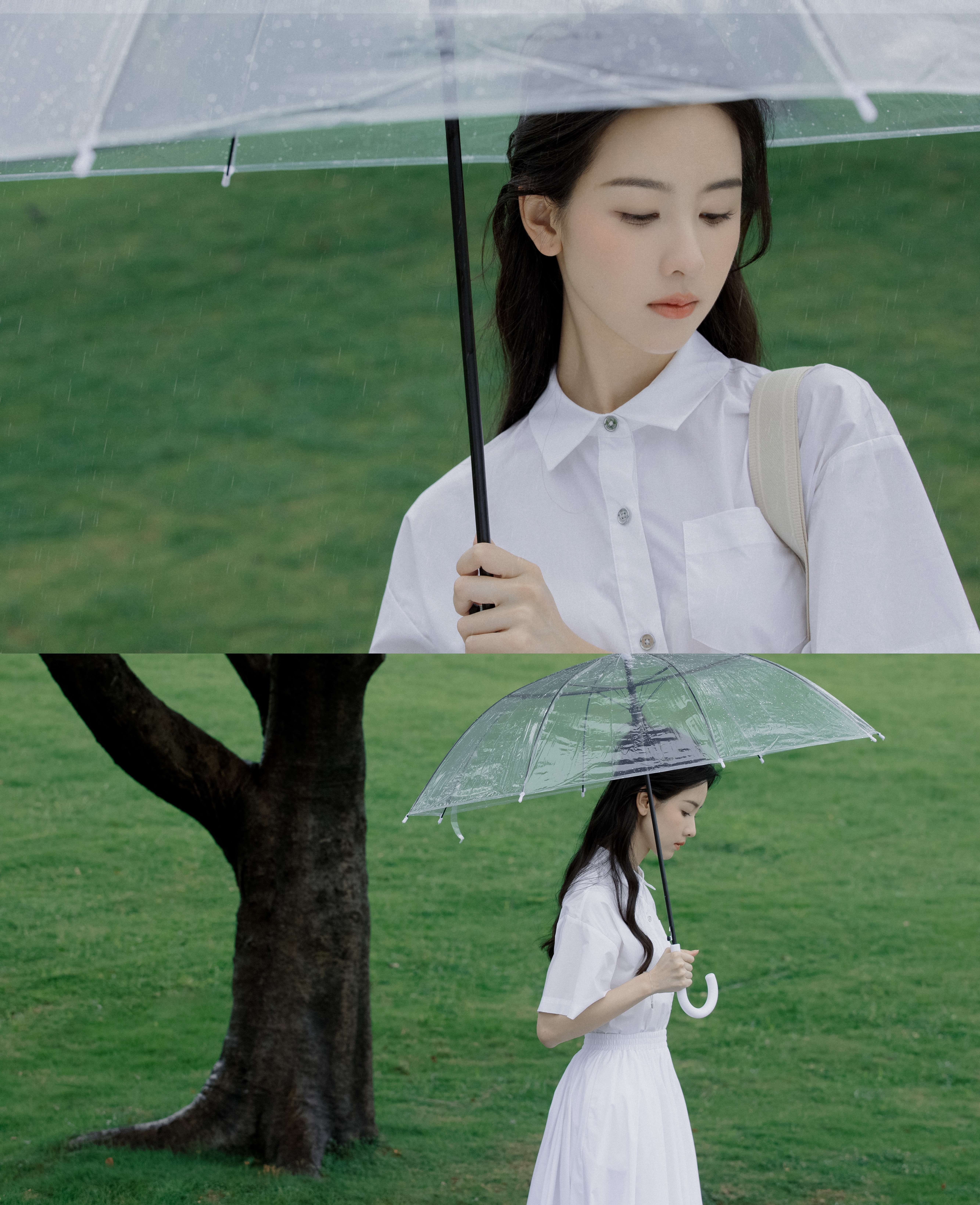 🤍伴淅沥雨滴，素雅气韵于此间流转。漫步自在穿行之旅，叙说从容风采。 ​​​