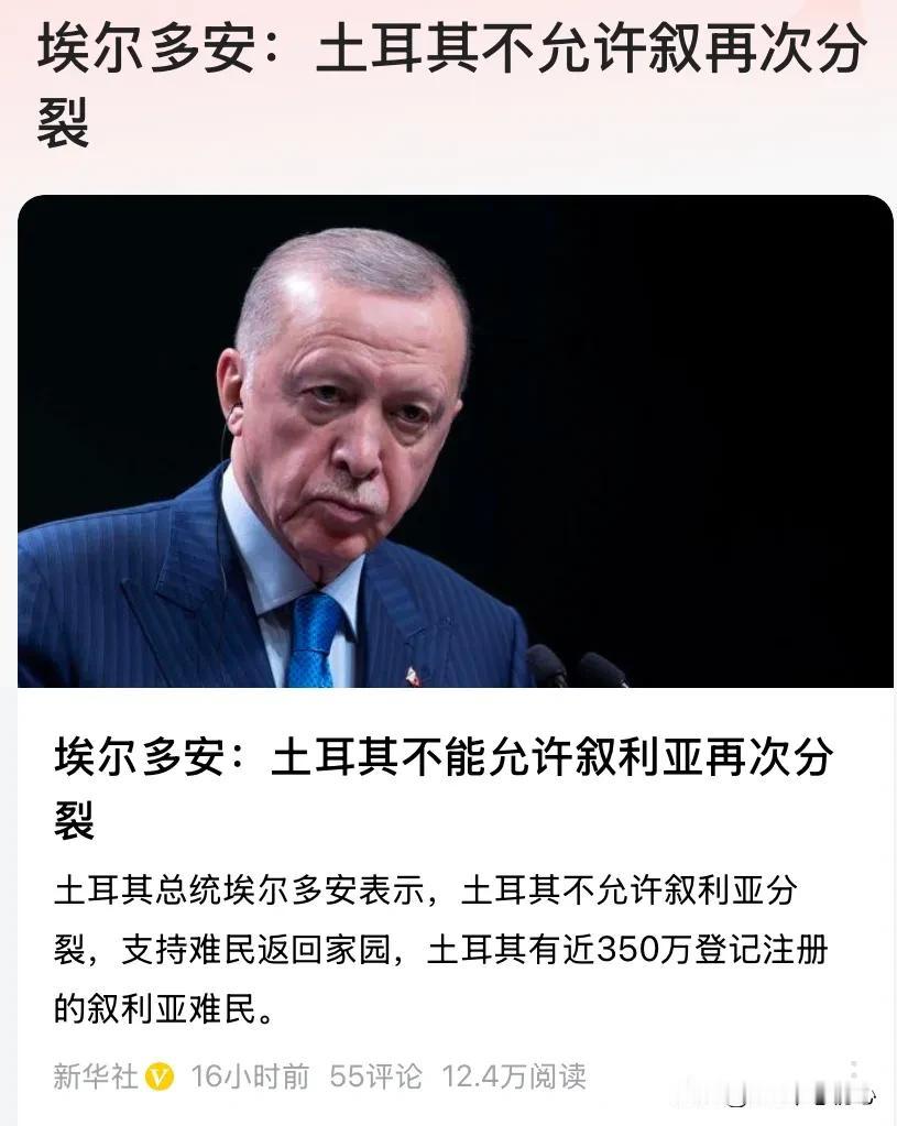 土耳其总理埃尔多安称，绝对不允许叙利亚再次分裂！

可是，以目前现在叙利亚的局势