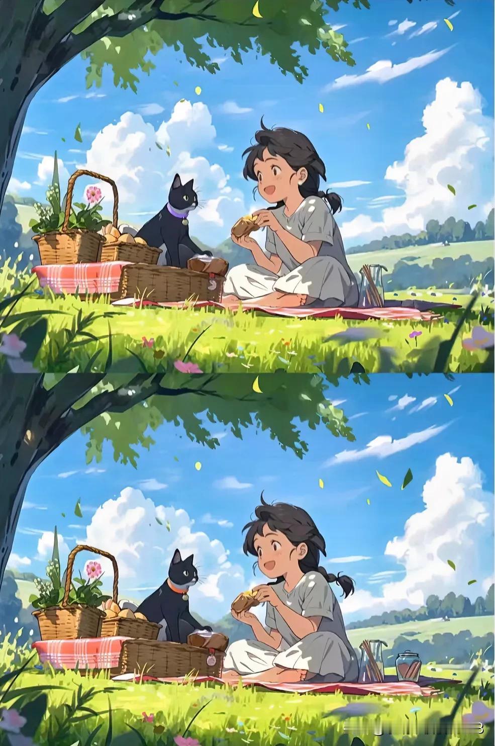 猫犬相伴，草长莺飞
找不同至少8处找一找[灵光一闪]