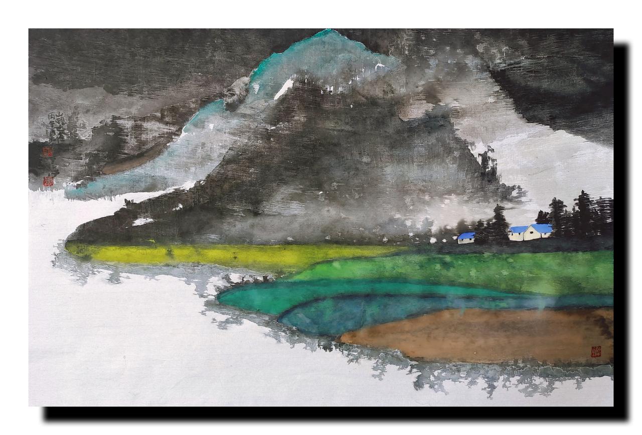 这张胡氏彩墨写意山水画是7月8号后开始画的，拖拖拉拉，磨磨蹭蹭近10天，今夜终于