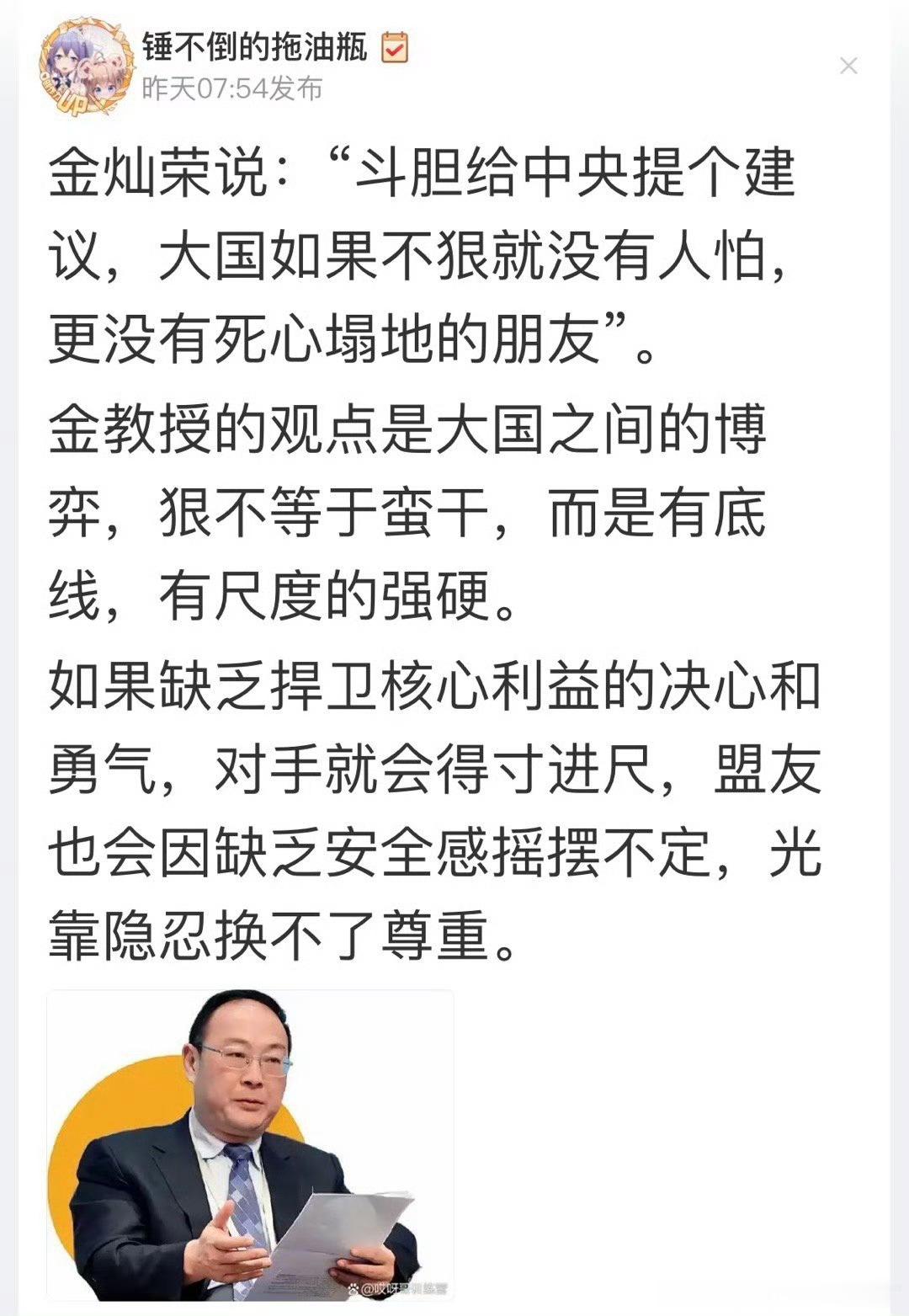 金灿荣说:“斗胆给中央提个建议，大国如果不狠就没有人怕， 更没有死心塌地的朋友”