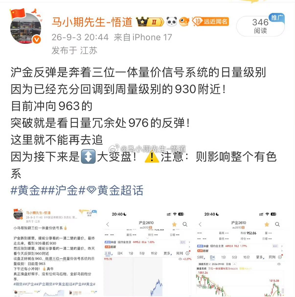 沪金高低点全部在三位一体量价信号系统的支撑与压力！一目了然！沪金目前阻力在976