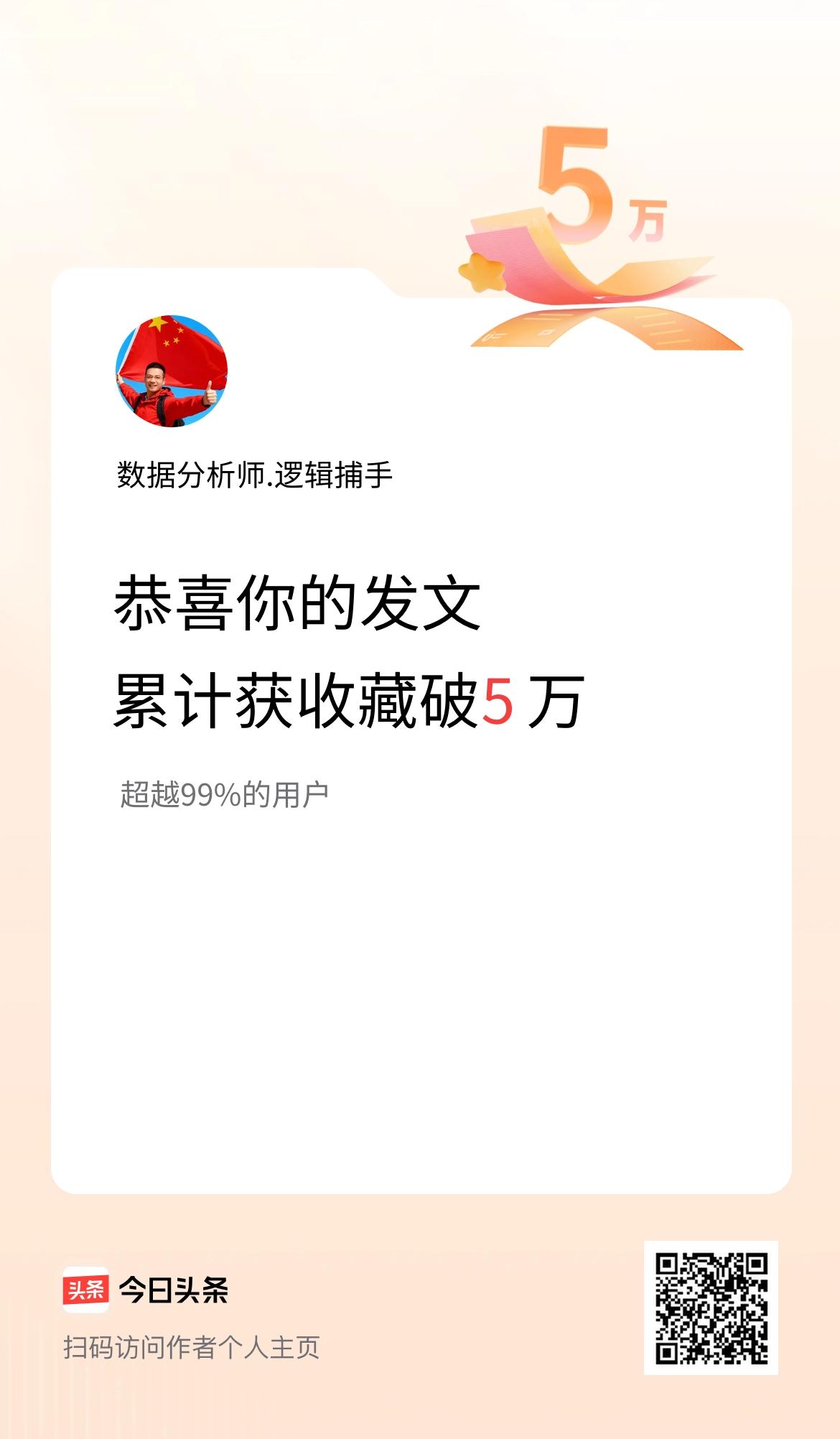 我在头条累计获收藏量破5万啦！